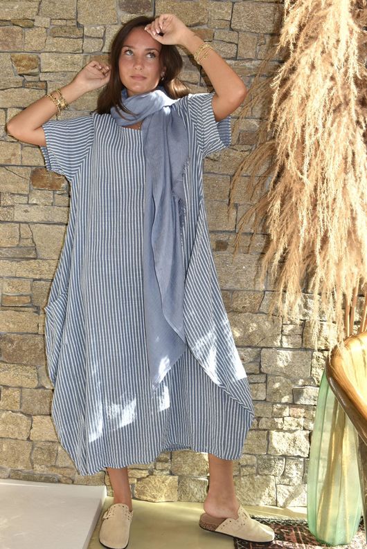 Salcombe Chalk Stripe Cotton Cocoon Dress Denim /23=